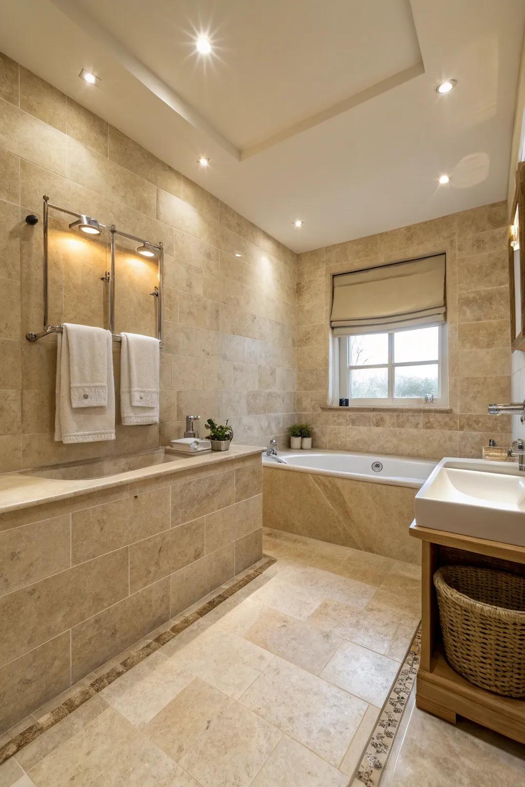 A serene travertine bathroom featuring a subdued color palette and gentle, ambient illumination.