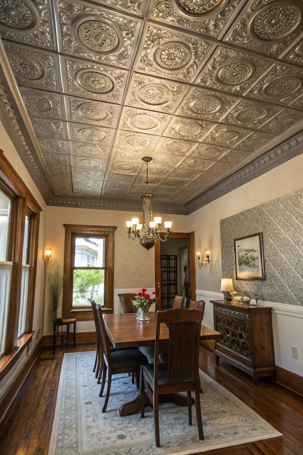 A dining area that highlights the charm of a tray ceiling enhanced with vintage metallic panels.
