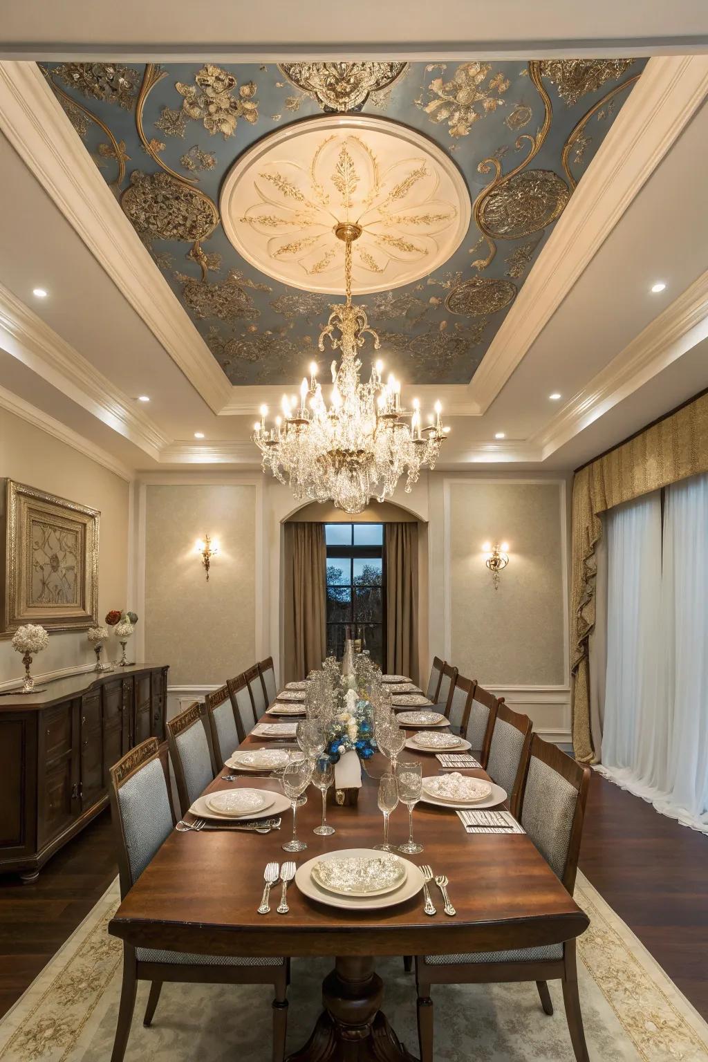 A formal dining space showcases a tray ceiling painted in a contrasting color.