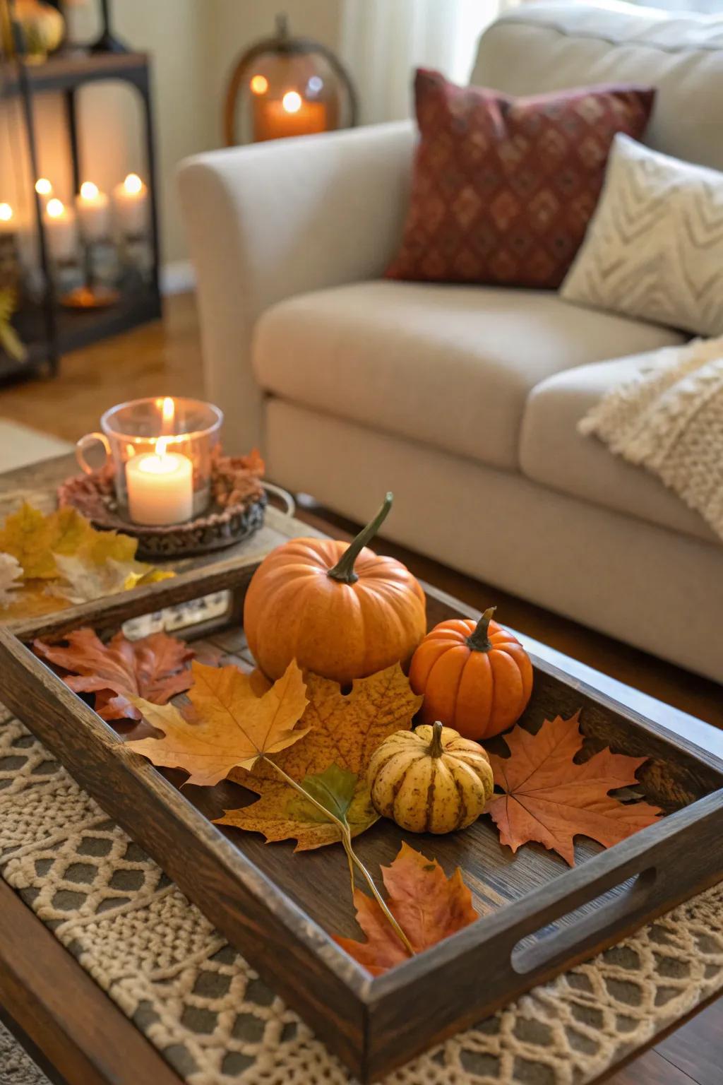 Celebrate the changing seasons with themed tray decor.