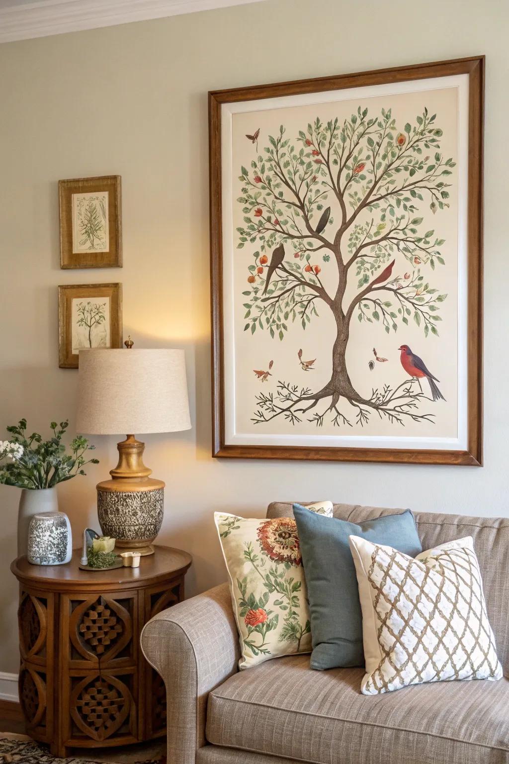 Framed Arbor Vitae print with warblers brightens a living room wall.
