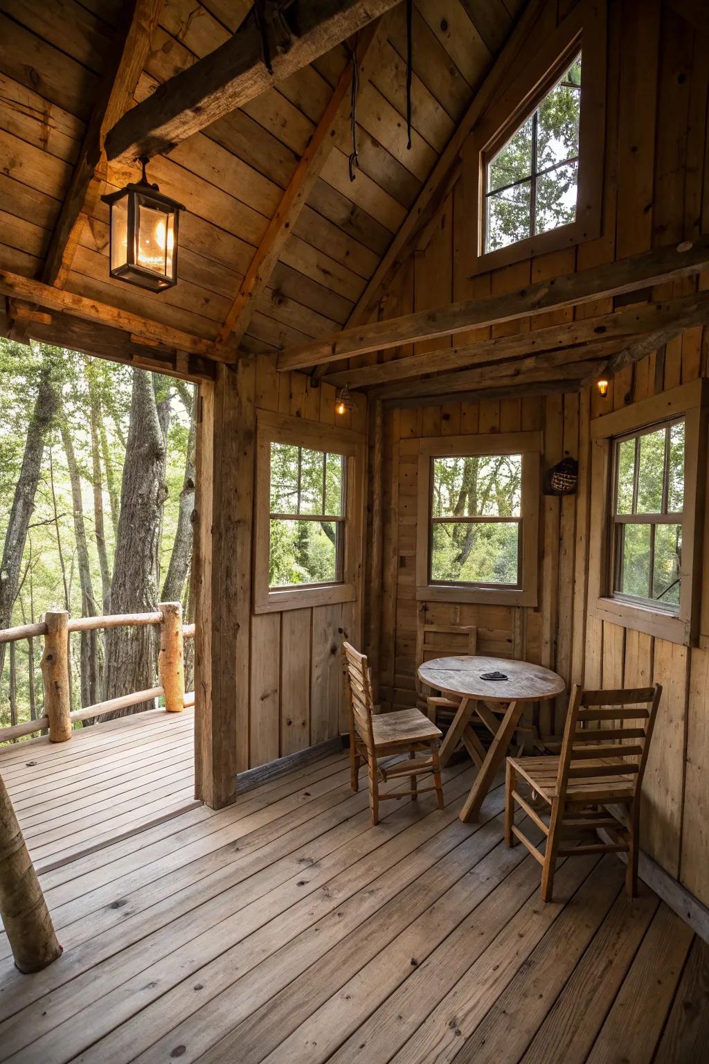 Rustic charm inside a treehouse, displaying wooden panels and floors that accentuate intrinsic beauty.