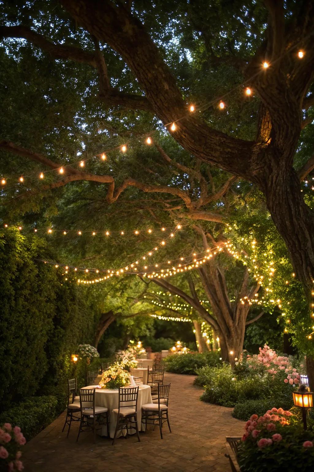 Draped lights provide an enchanting eating experience.
