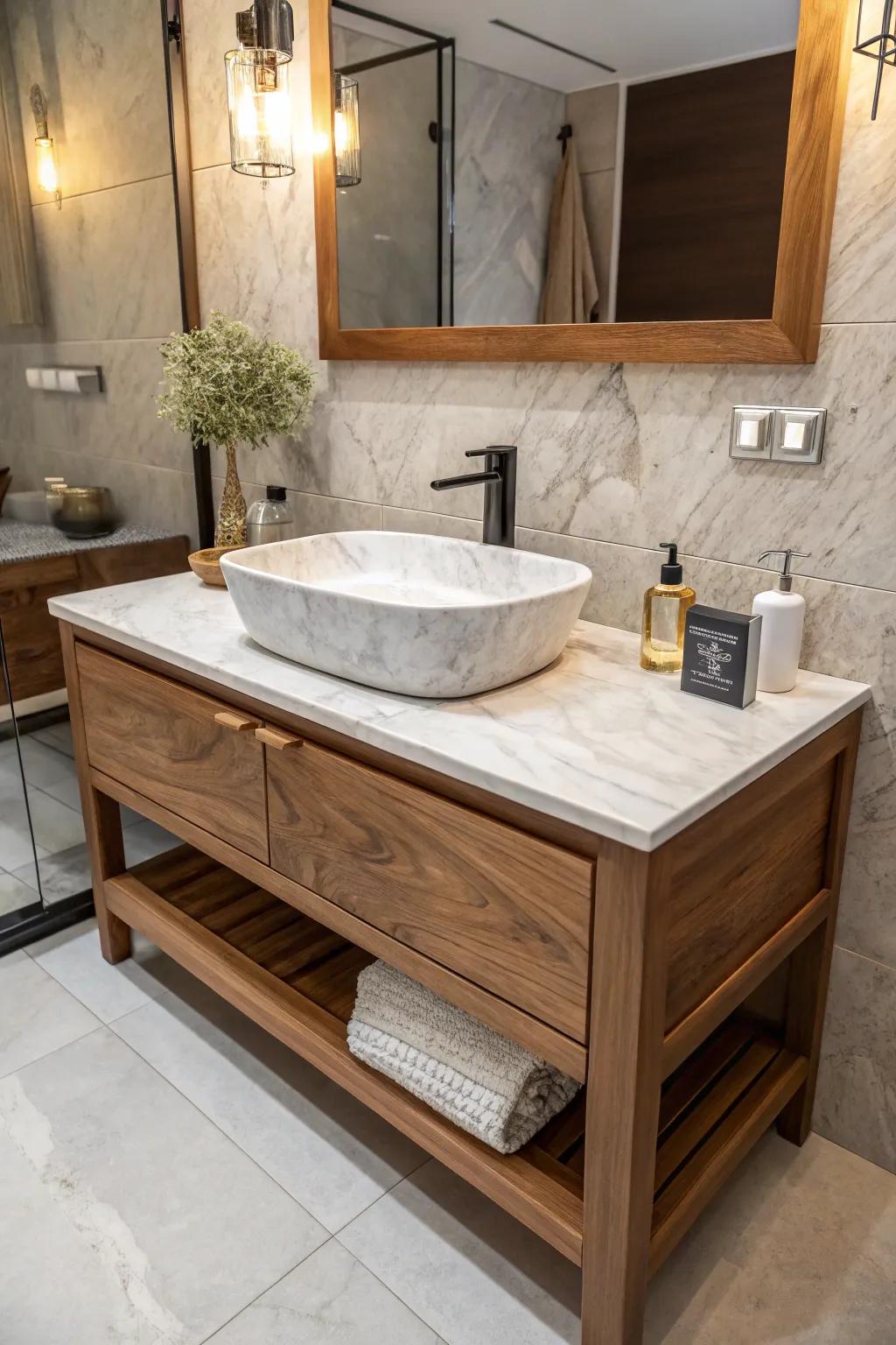 A bathroom vanity showcasing a mix of wood and marble for heightened visual intrigue.