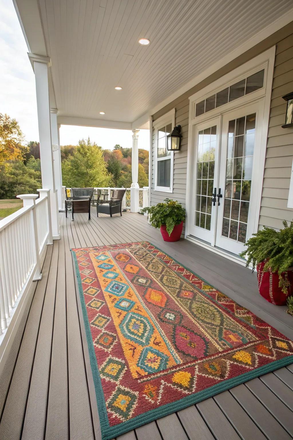 Infuse warmth into your porch with a vibrant outdoor rug.