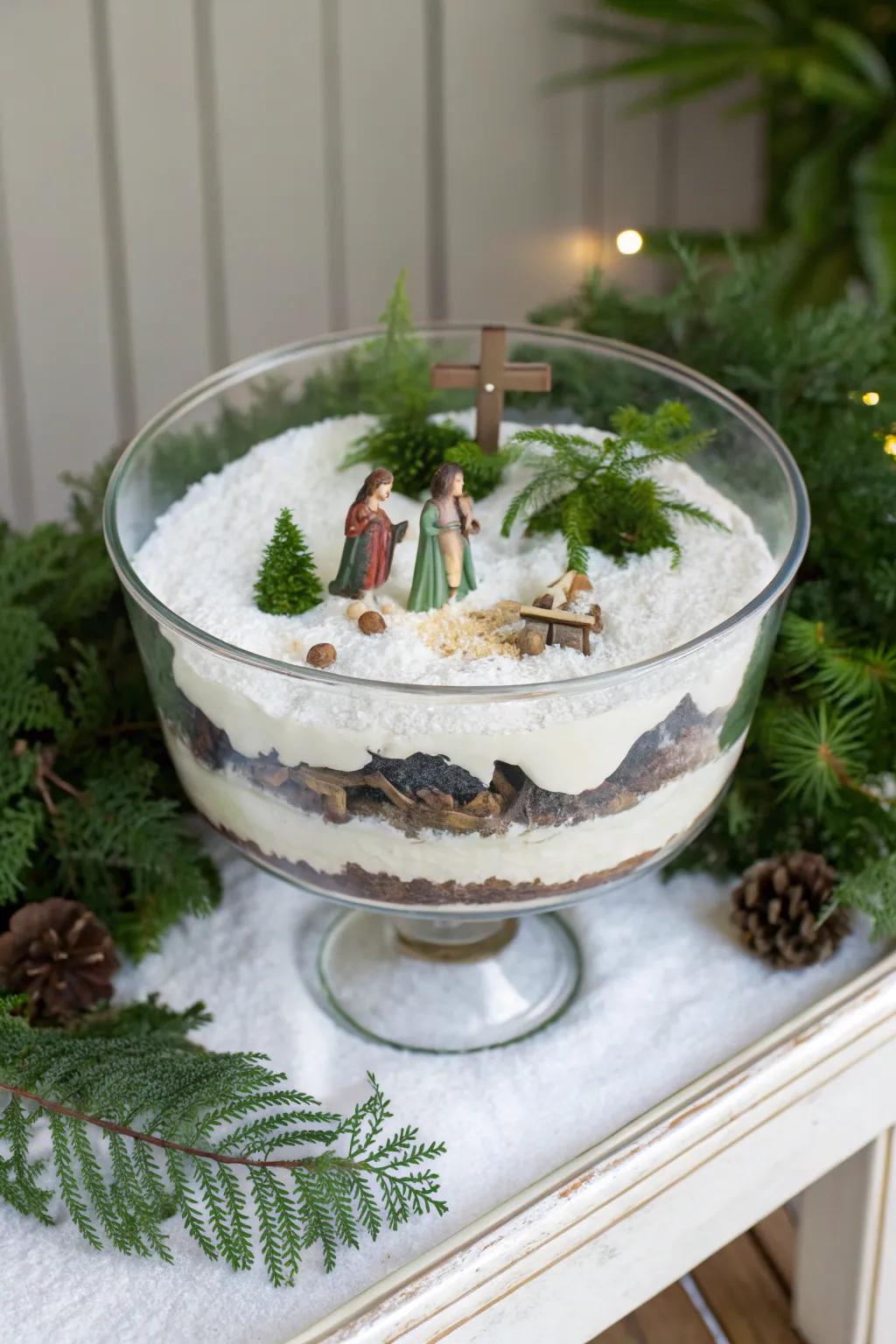 A trifle bowl transformed into an enchanting holiday scene.