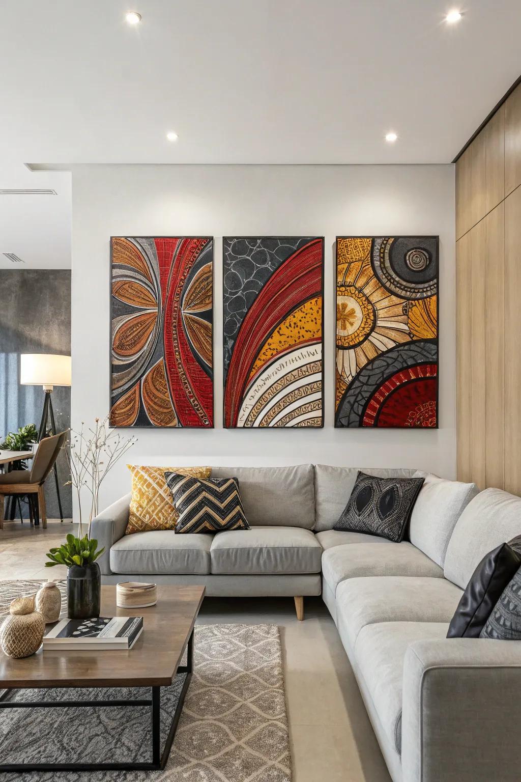 Textured triptych adding depth to a modern space.
