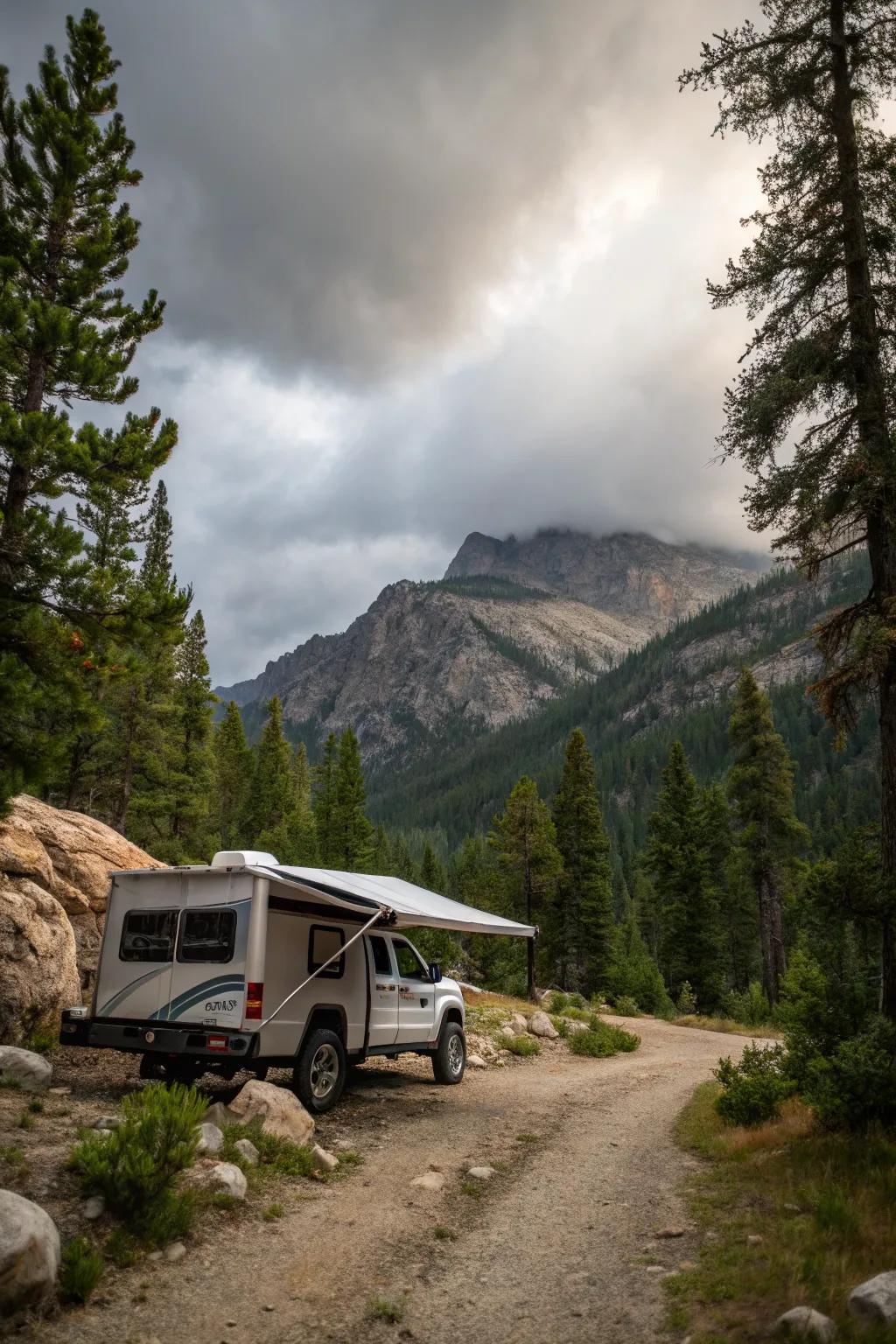 An adventurous arrangement featuring an awning in an off-road setting.