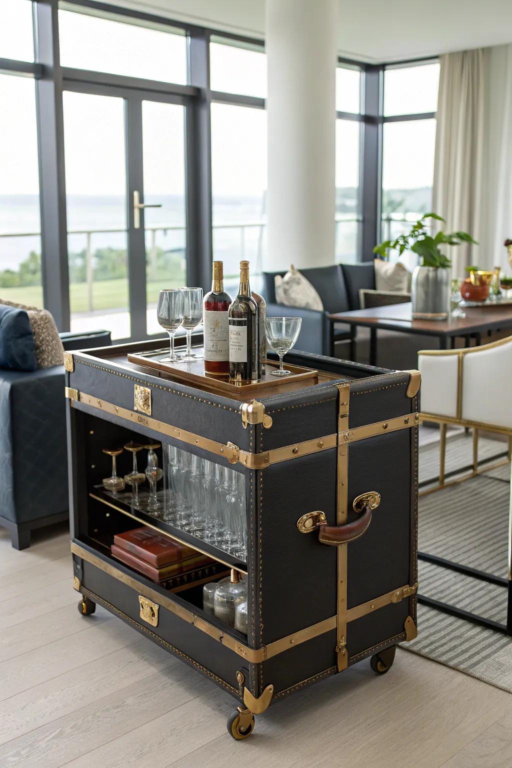 A vintage chest converted into a beverage station adds a sophisticated touch to entertaining.