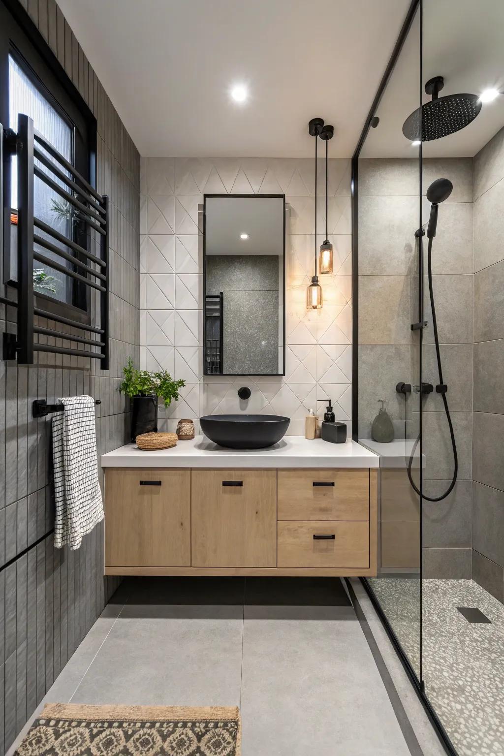 Modern fixtures in matte black add sophistication to a sleek bathroom design.