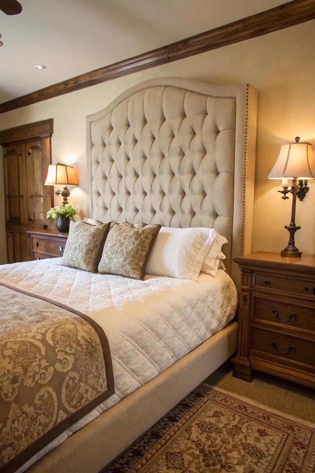 A classic bedroom with a button-tufted headboard.