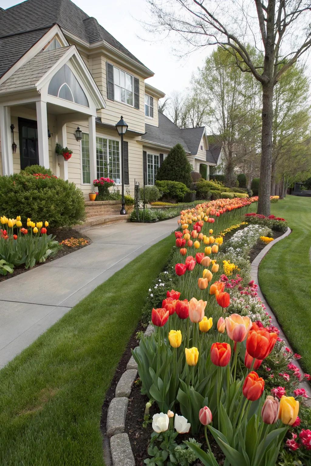 A front garden adorned with blossoms, offering an inviting and colorful welcome.