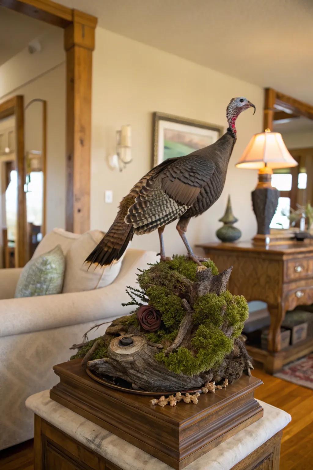 A stylistic wildfowl presentation with natural elements.