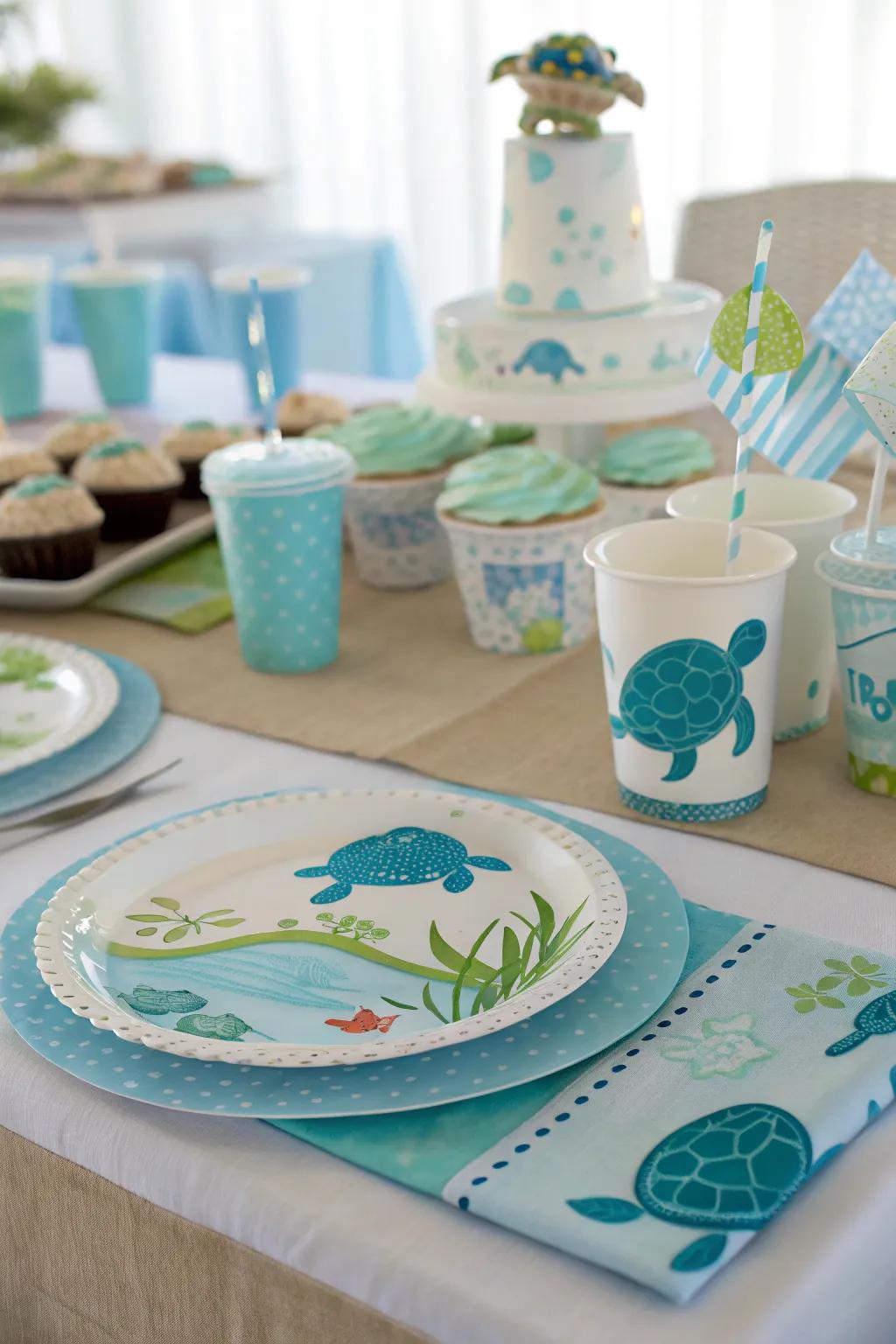 Immerse in the theme using ocean-inspired table arrangements.