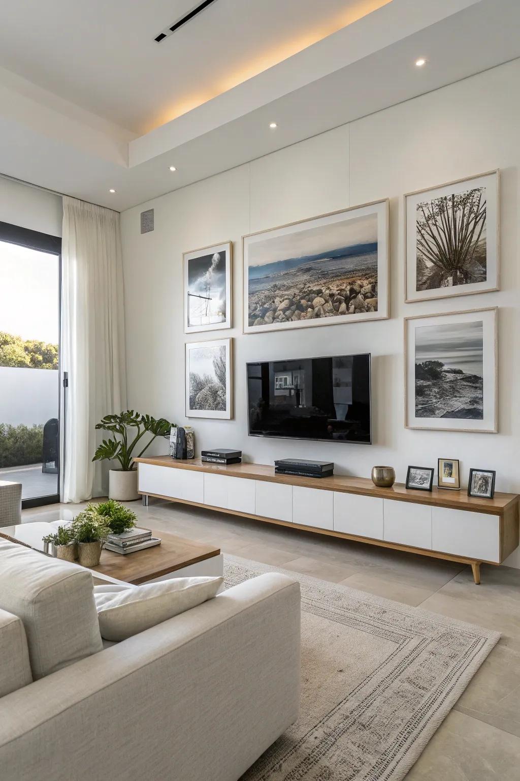 Chic minimalist styling for a TV gallery wall.