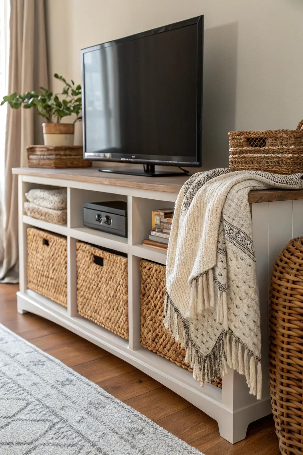 Combining materials adds depth and a cozy vibe to TV stand decor.