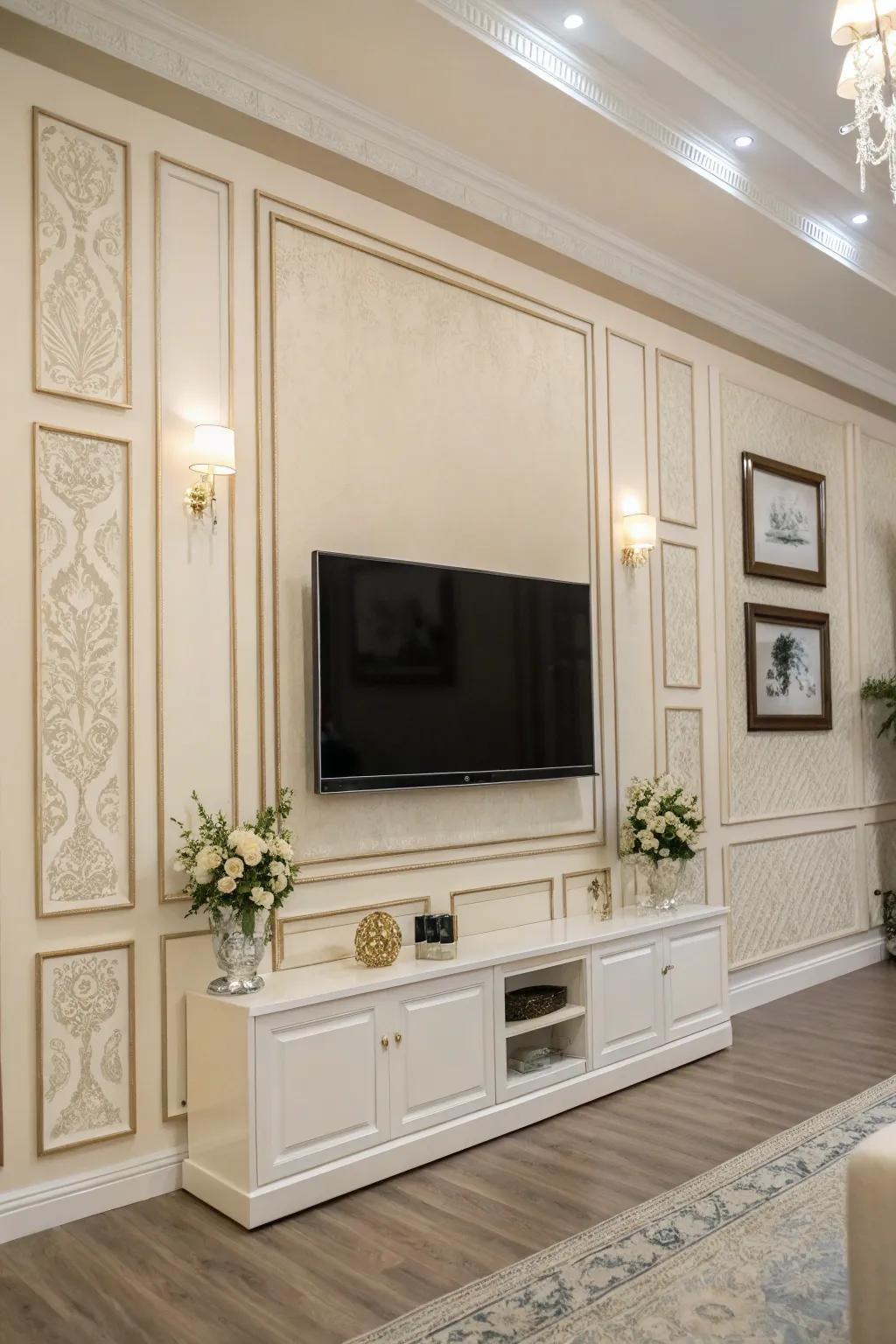 Subdued tones establish a serene and sophisticated TV wall.