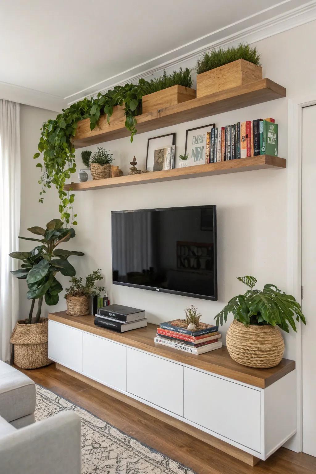 Floating shelves provide attractive storage options on this TV wall.