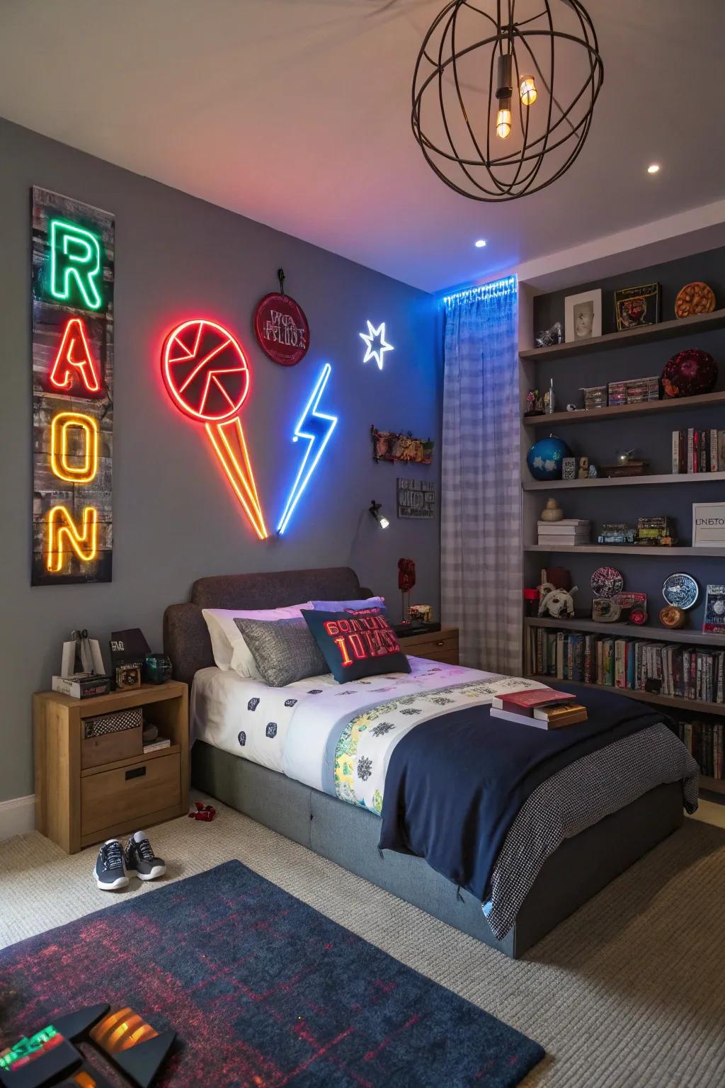 Creative lighting featuring neon signs in a tween boy's bedroom.