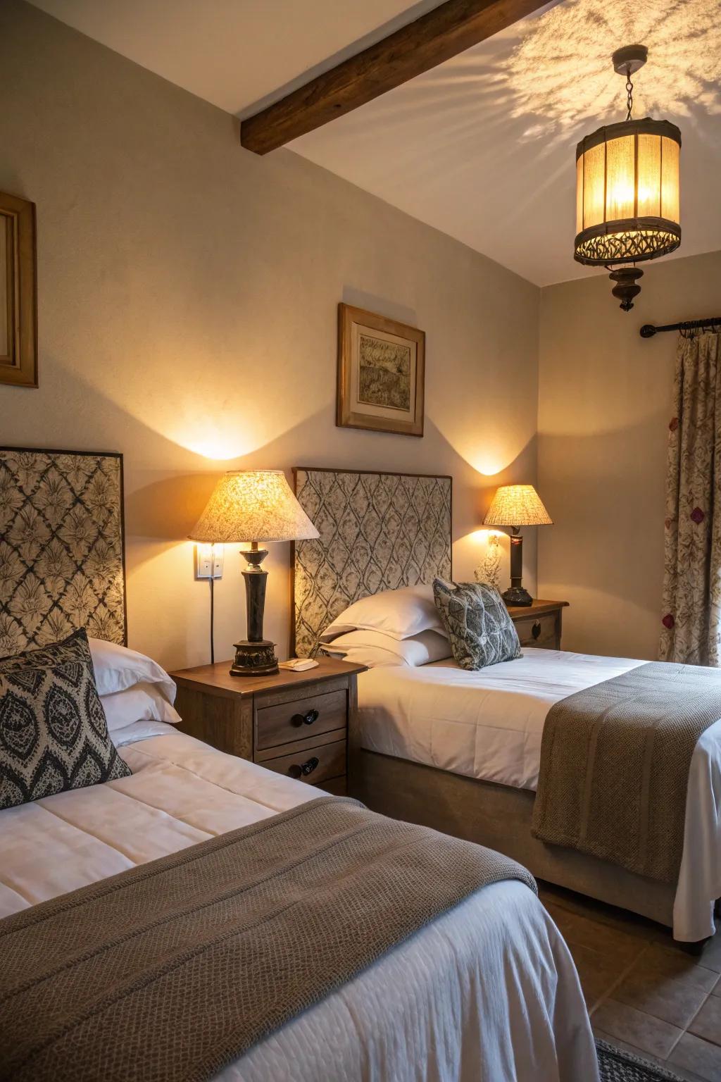 Decorative lighting enhances the cozy vibe of the twin room.