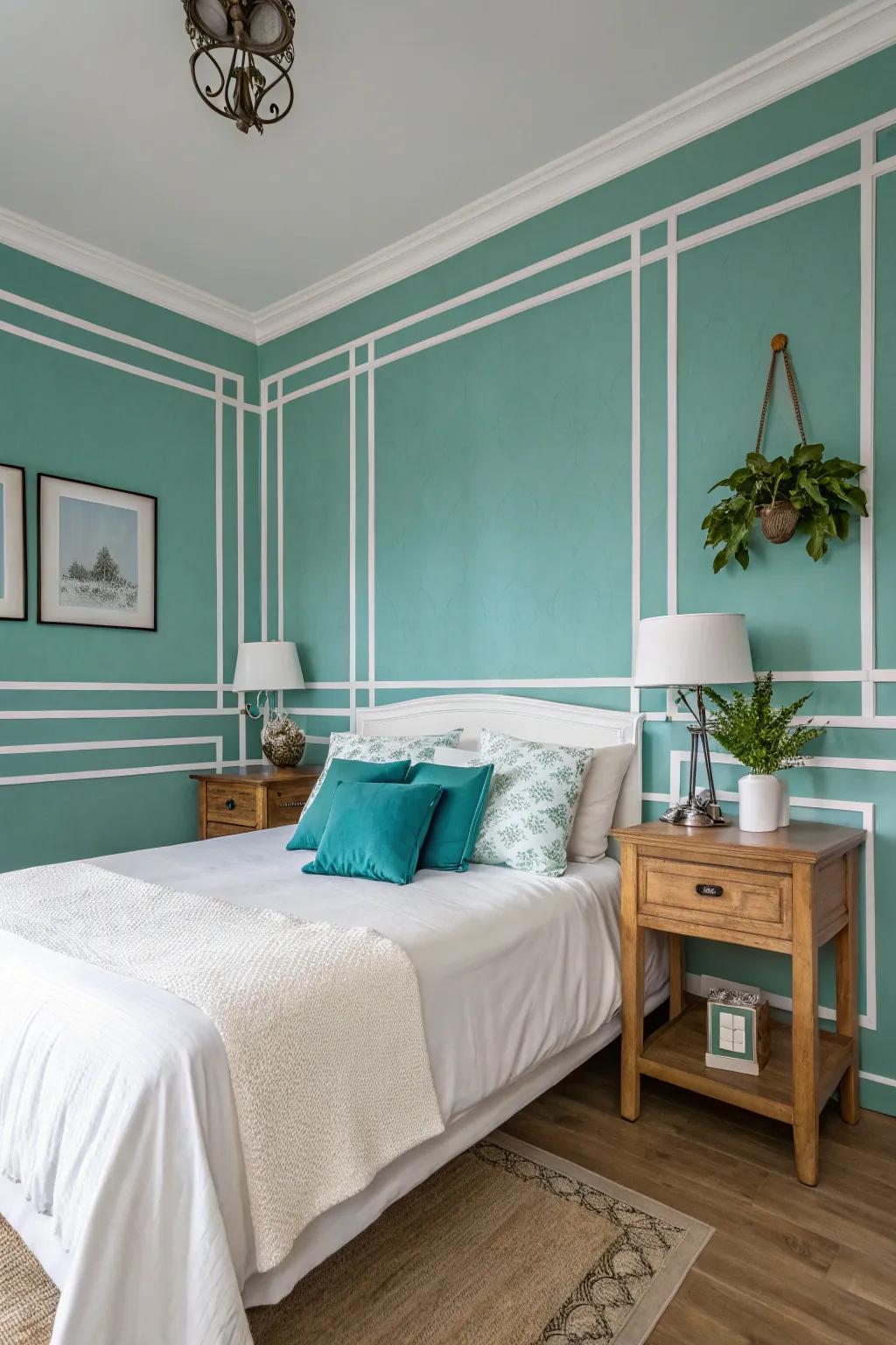 An inviting bedroom featuring teal and white walls, balancing depth and light.