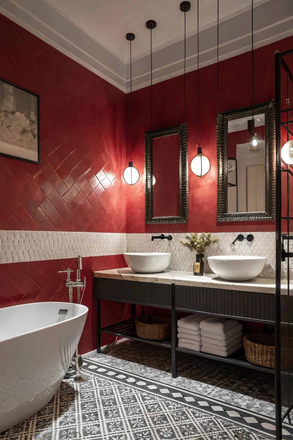 A remarkable red and white two-tone wall design that fashions a dramatic point of focus.