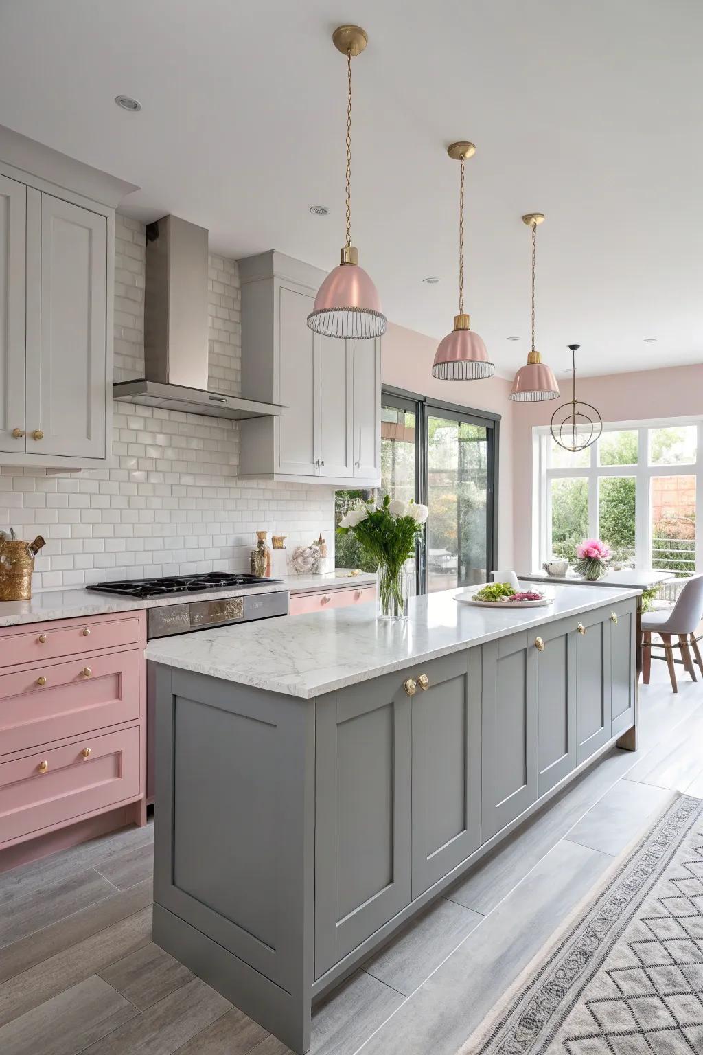 A chic gray and soft pink kitchen that's both cozy and modern.
