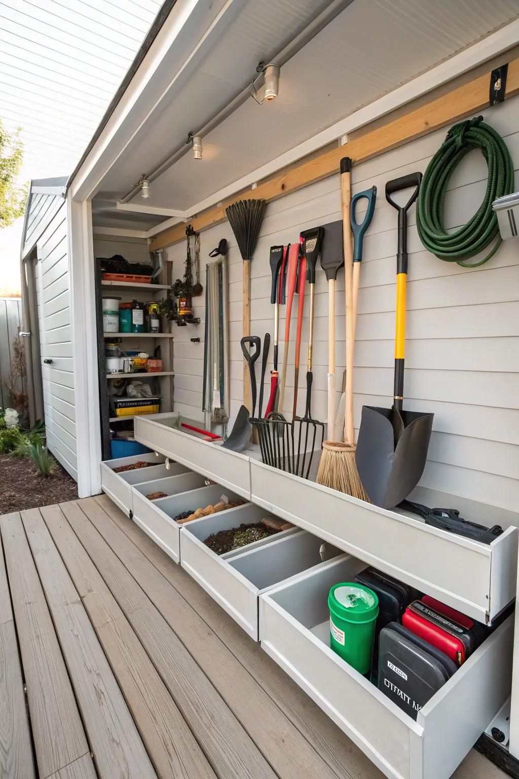Mobile drawers offer considerable capacity and ease of access for storage beneath the deck.
