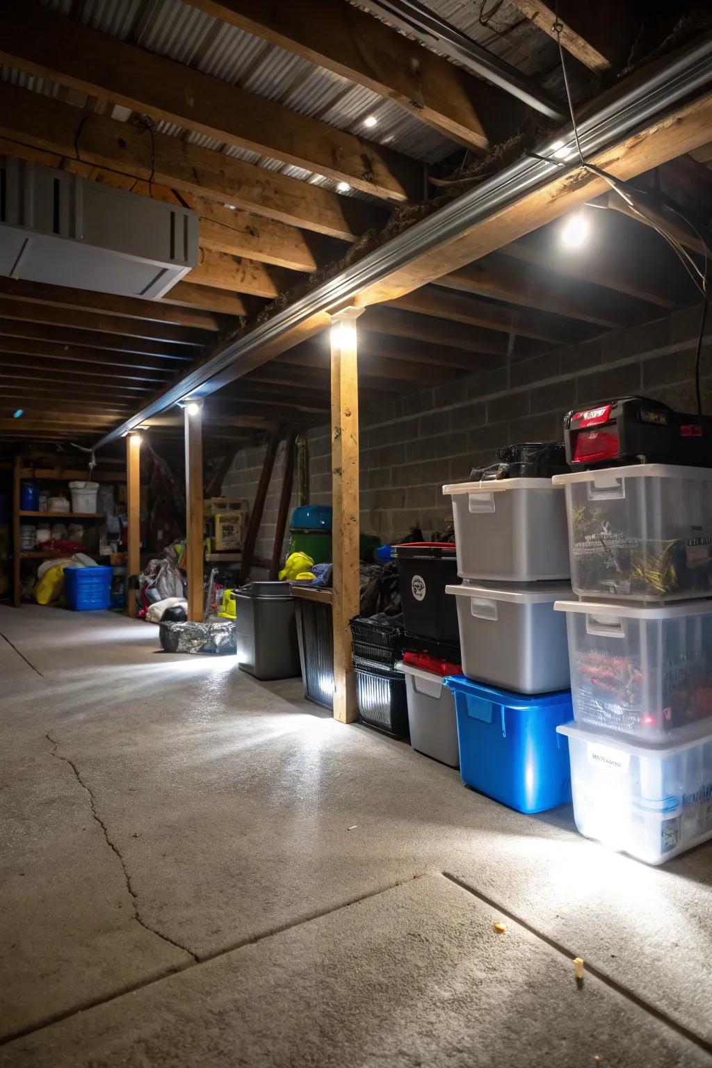 Bright lighting makes your crawl space more functional and inviting.