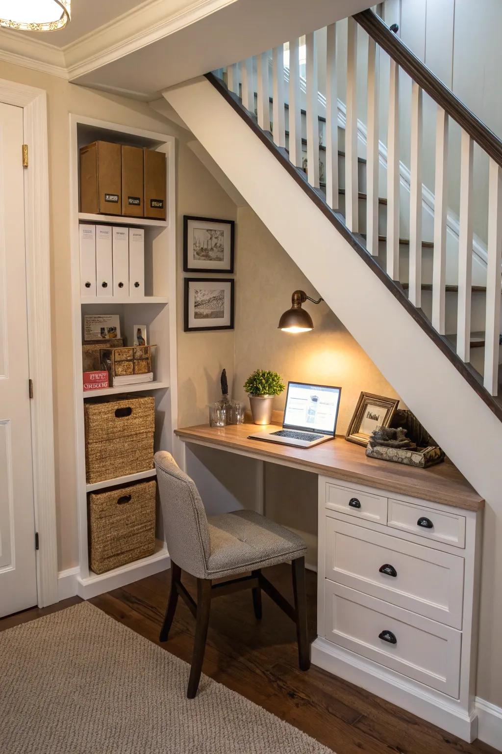 A functional tiny home office tucked away beneath the stairs.