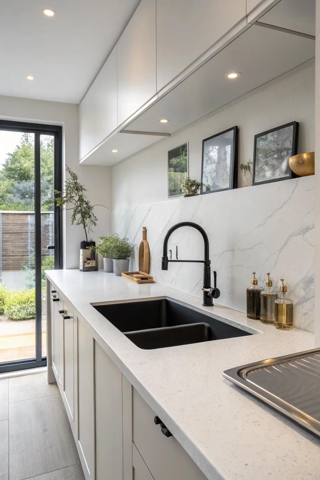 A single bowl undermount sink providing simplicity in a minimalist kitchen.