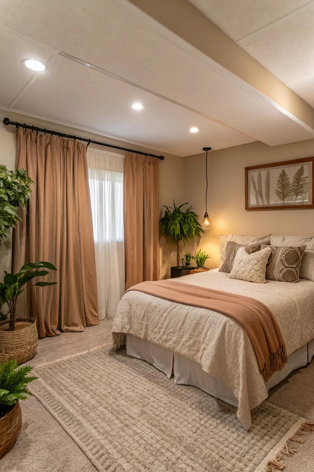 Subtle colors can create a calming and spacious ambiance in your basement bedroom.