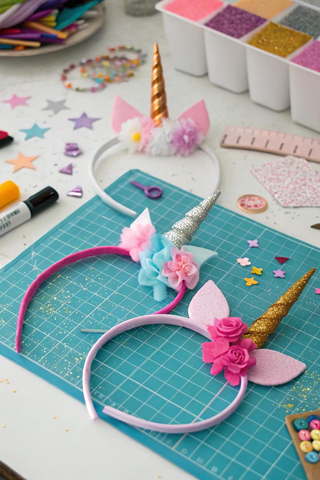 Self-made unicorn headwear prepared for young attendees.
