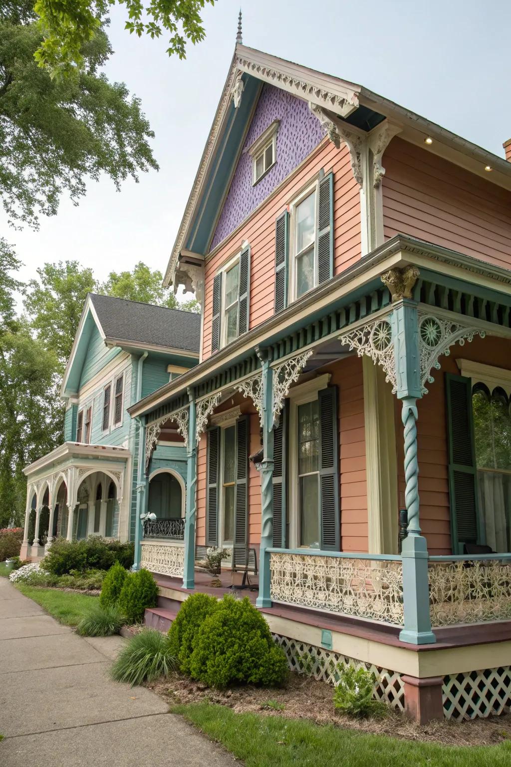 A traditional home featuring vibrant shutters and distinct architectural details.