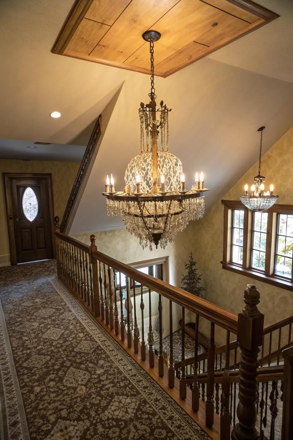 Unique lighting elevates the upstairs landing into a focal point.