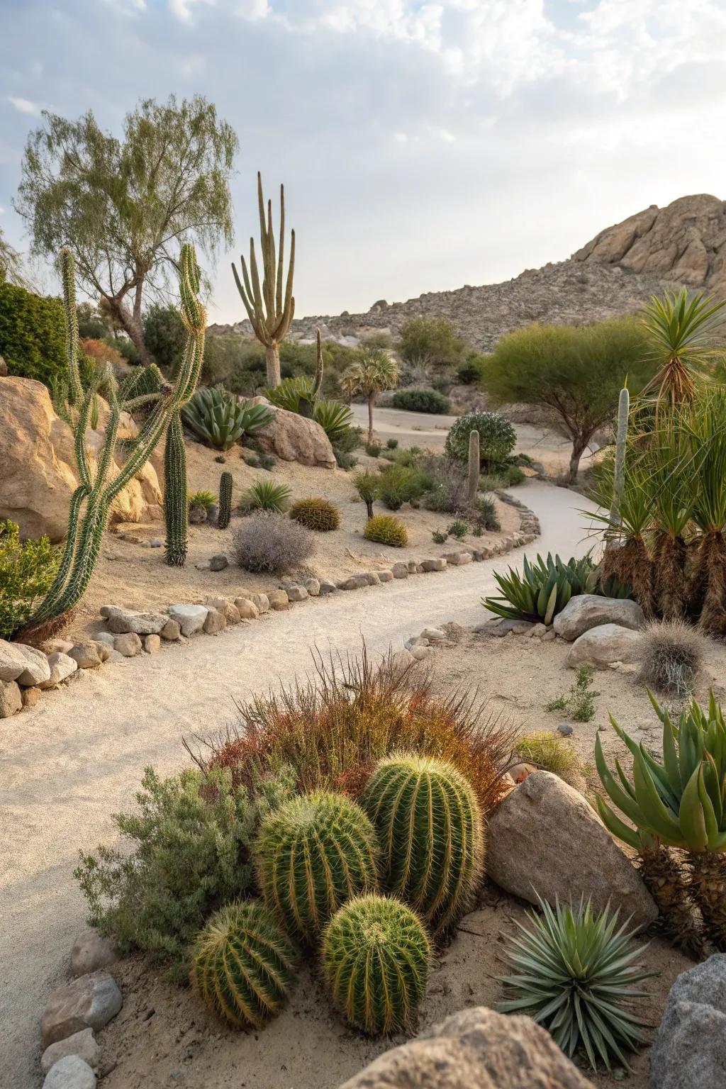 Create a unique garden with desert landscaping featuring sand and succulents.