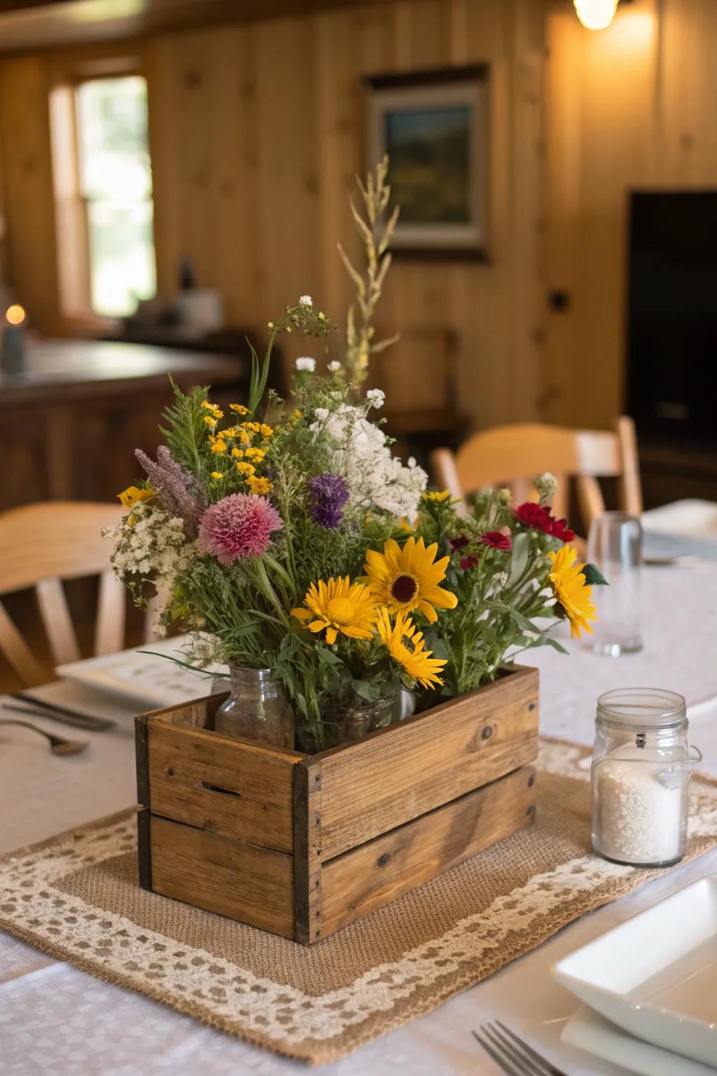 Wildflowers and wood create a snug, country charm.