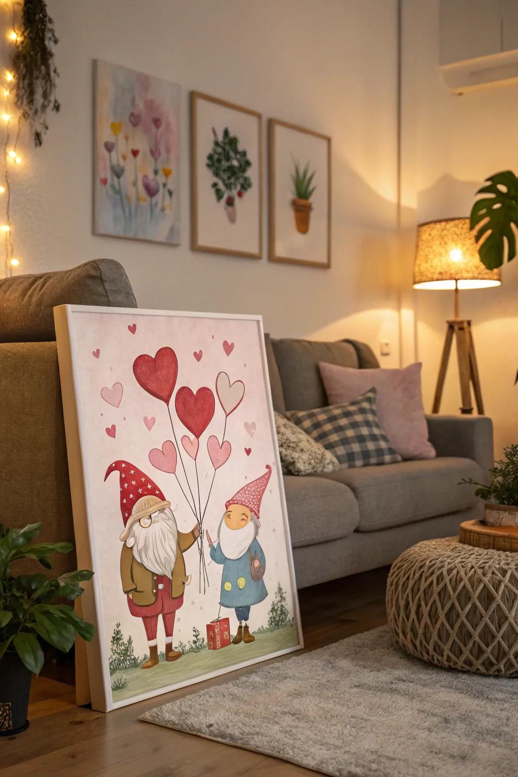 Gnomes holding heart balloons introduce a playful, whimsical element to Valentine's decorations.