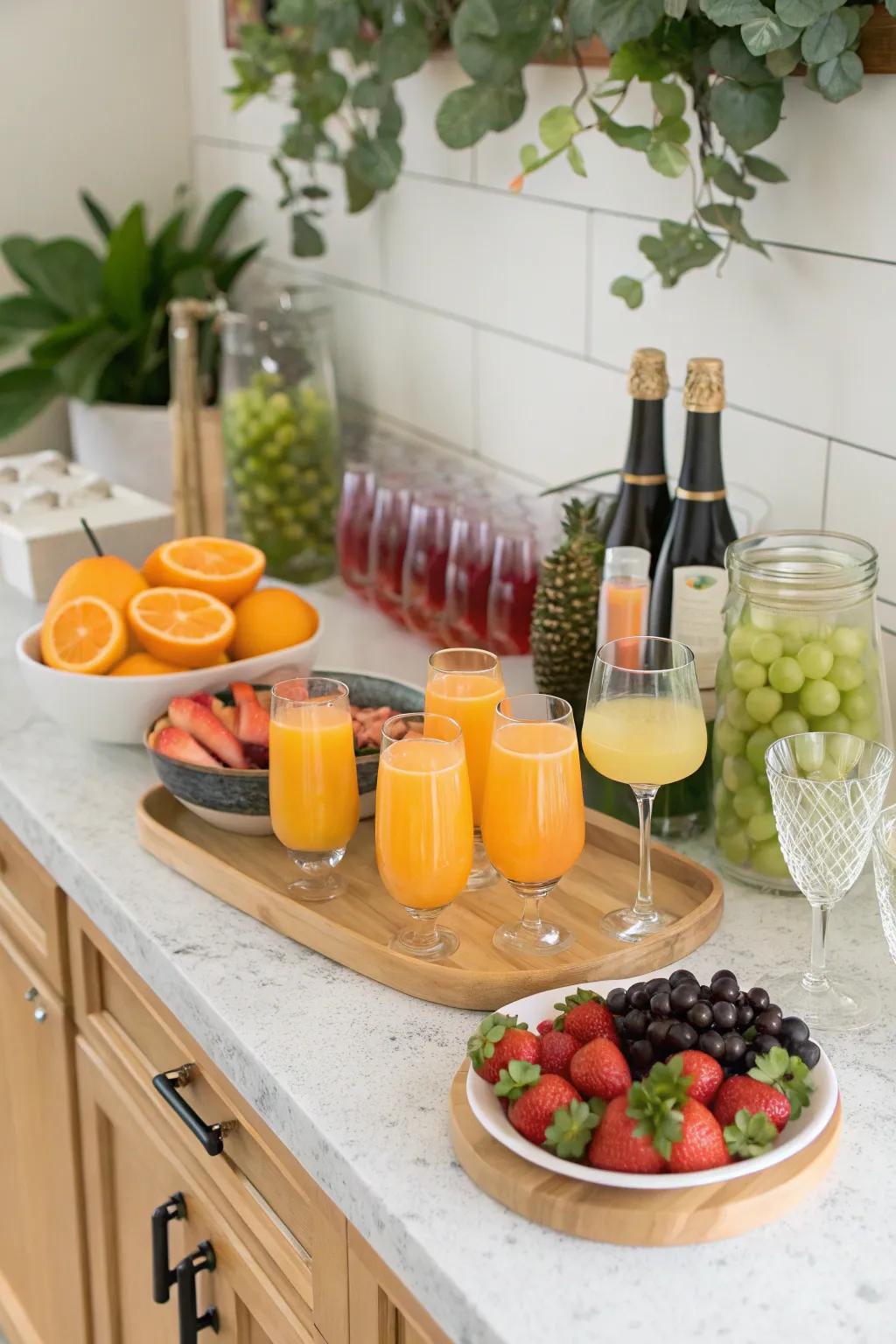 A cheerful and participatory bubbly beverage station showcasing a selection of juices and fruits.