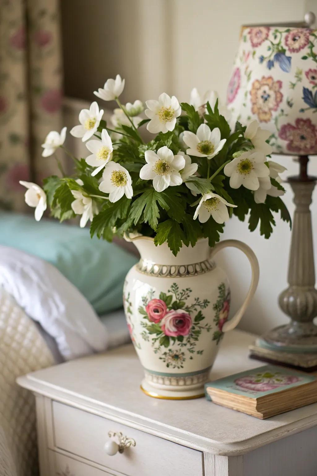 Charming windflower bouquet adding whimsy to a bedroom.
