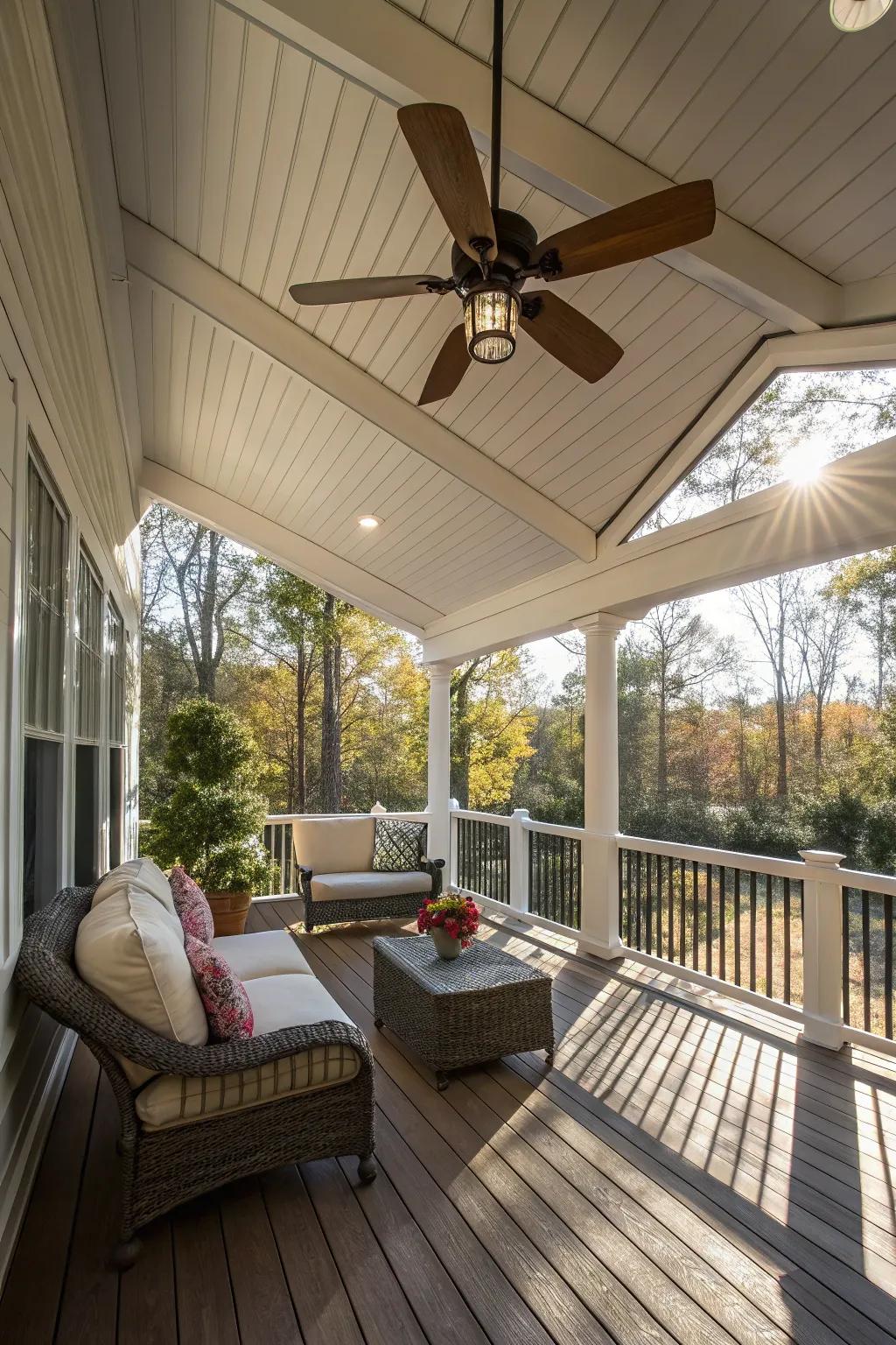 Enjoy comfort with a ceiling fan on your porch.
