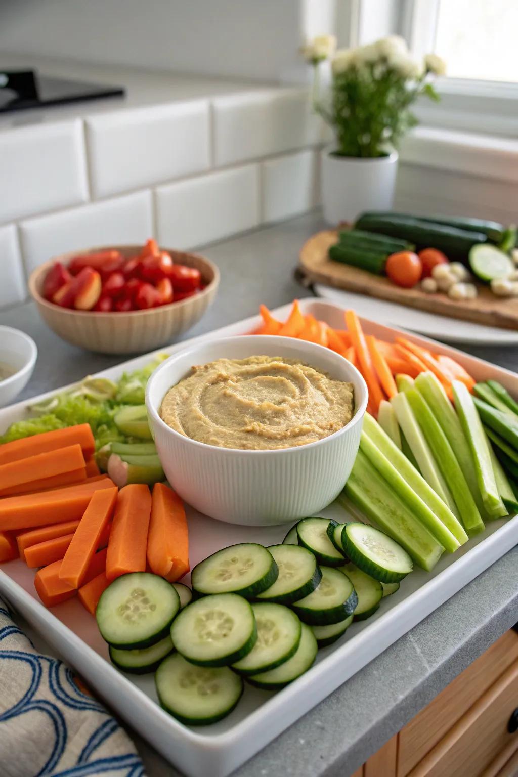 Veggie platter featuring a central dip for accessibility.