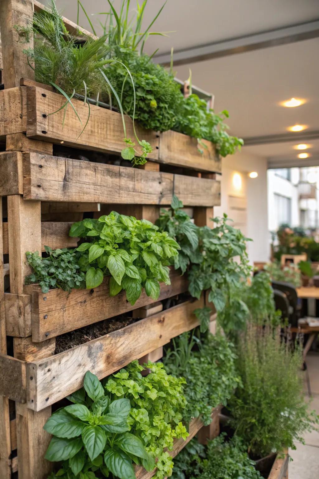 A homemade pallet garden filled with fragrant herbs.