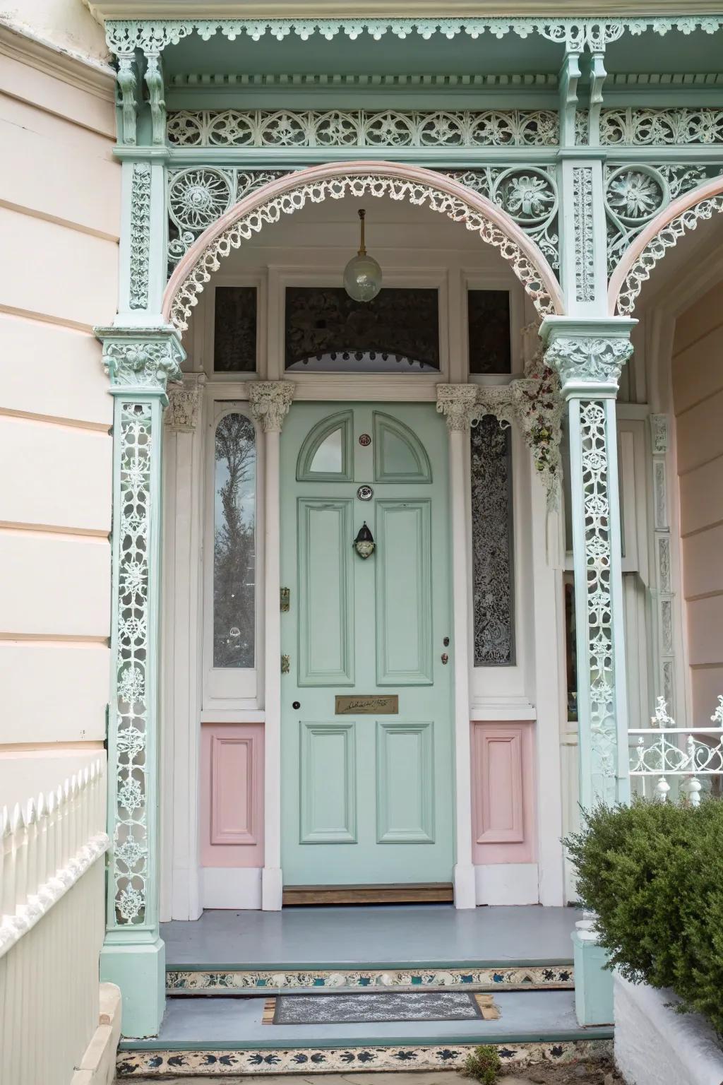 Subtle pastels complement the detailed features of this Victorian door.