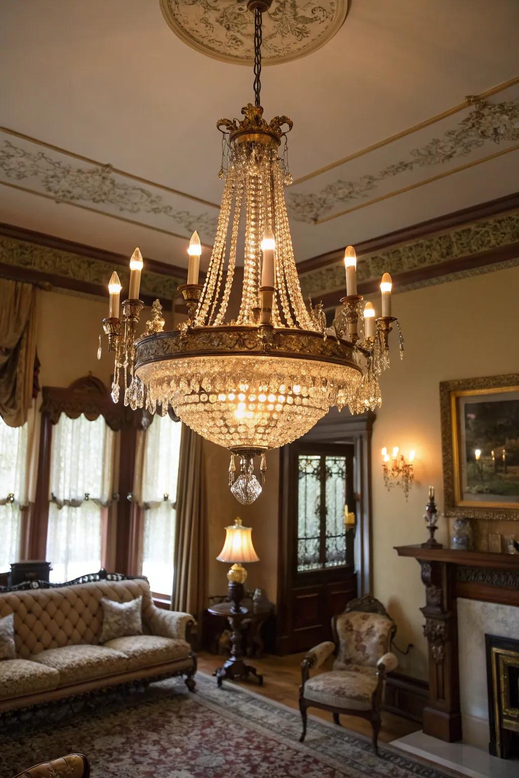 This ornamental candelabra serves as a dazzling focal point in the lounge area.