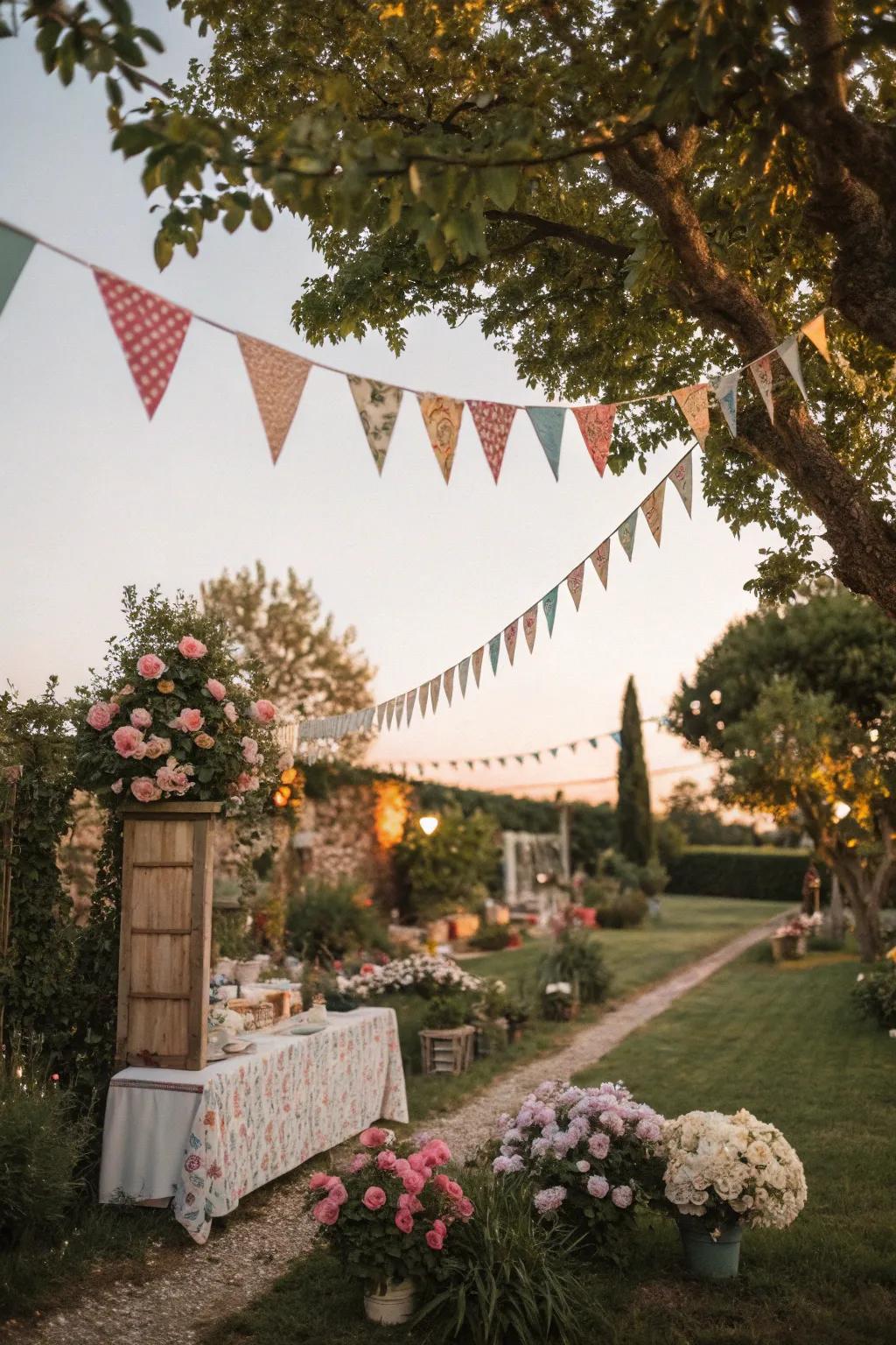 Colorful banners add playfulness to a retro garden party.