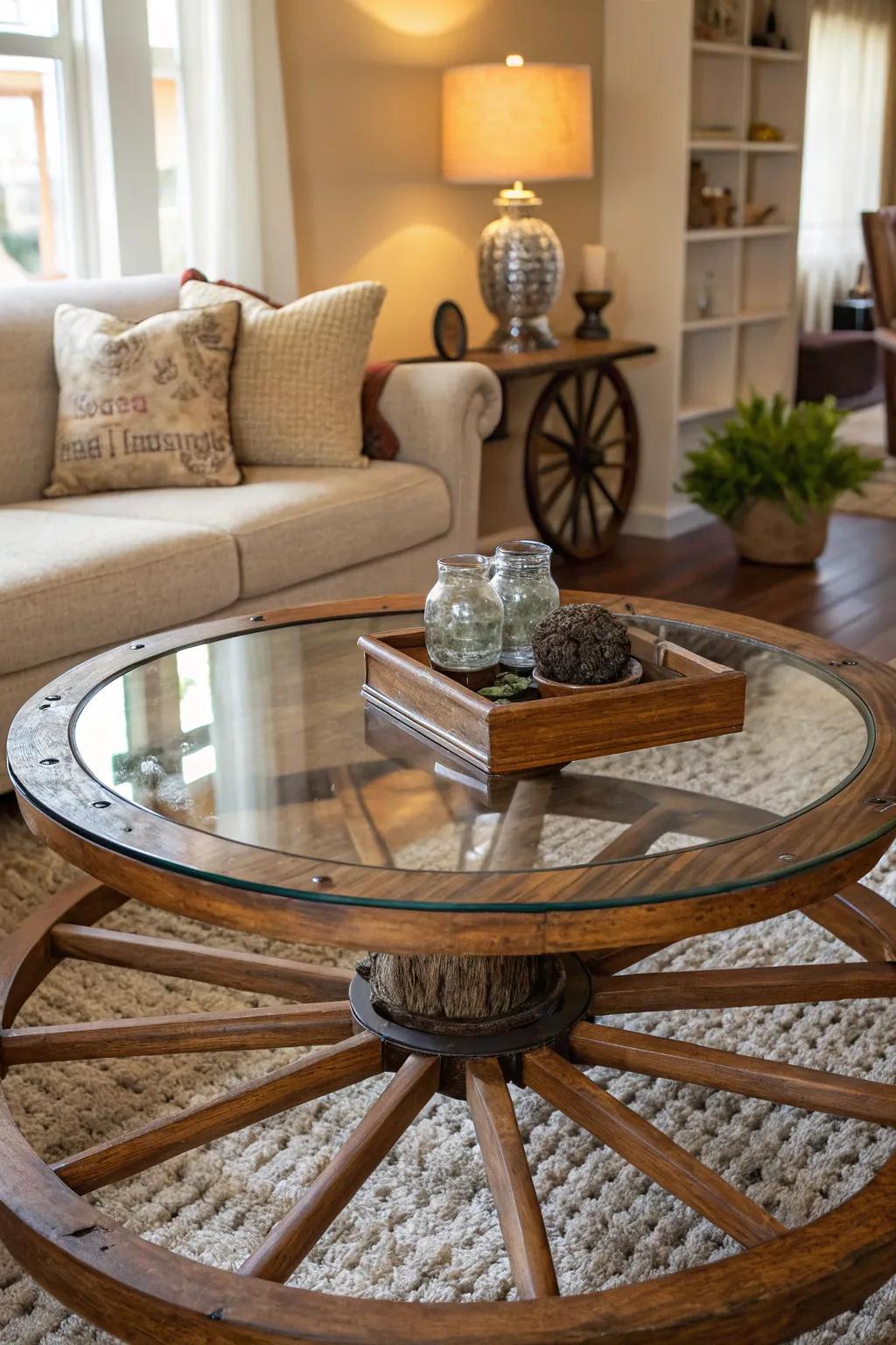 A cart wheel supporting a glass tabletop, creating a unique coffee table.