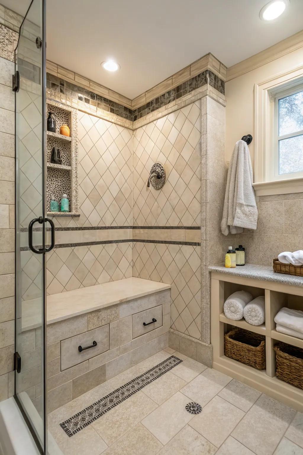 A built-in storage seat keeps the shower organized while maintaining a sleek look.