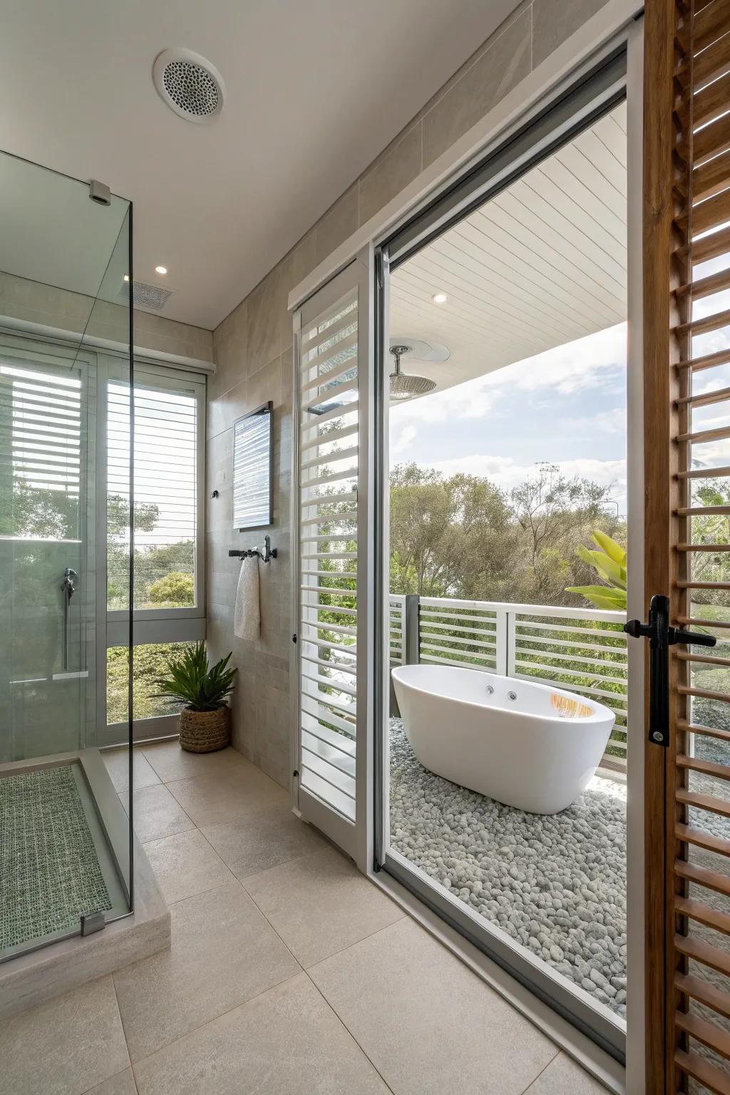 Adjustable windows in a walk-in shower, blending indoor luxury with outdoor airiness.