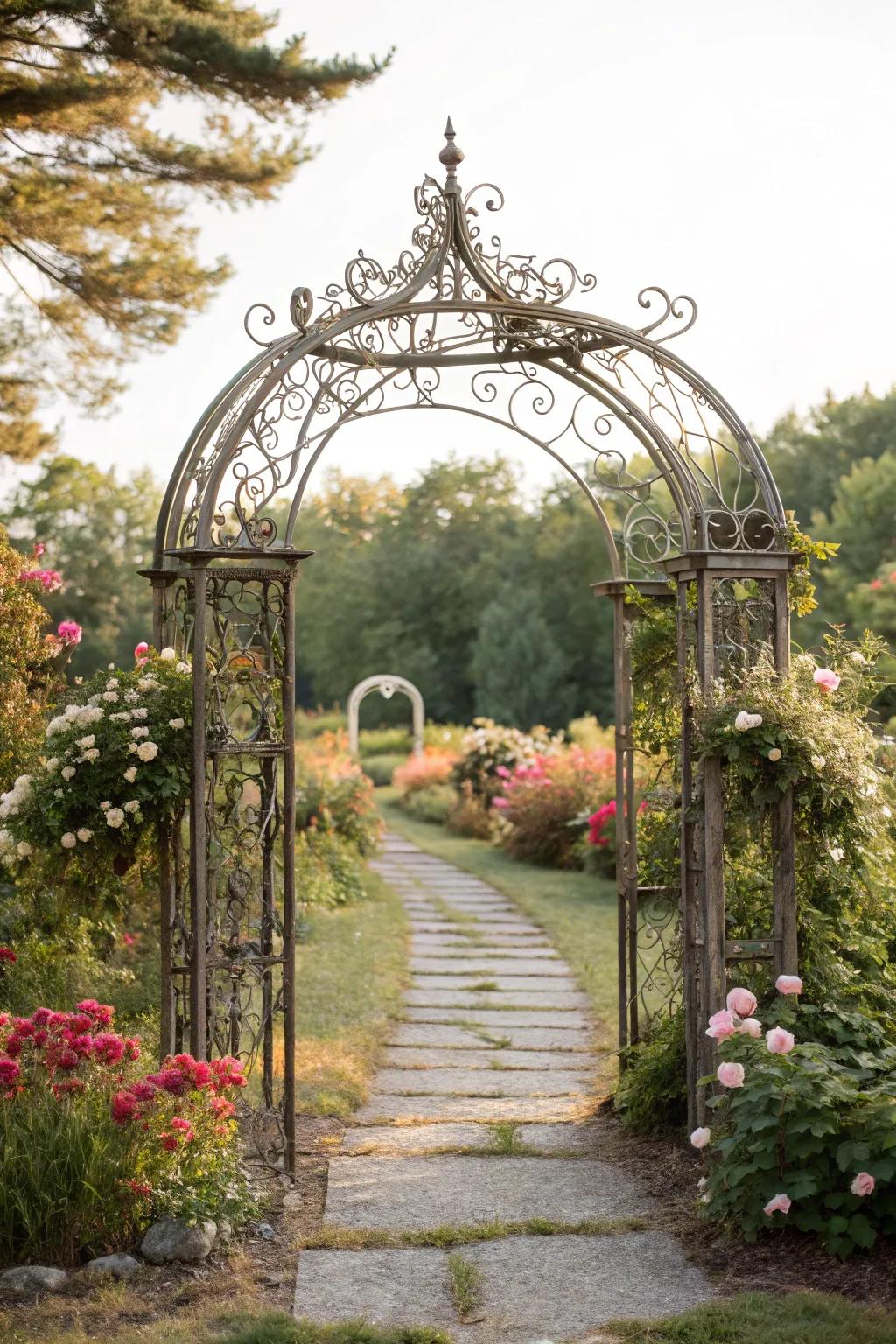 Vintage iron arches impart a feeling of whimsy and history to your garden.